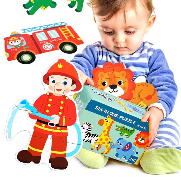 Boy Playing Wooden Cartoon Jigsaw Puzzles